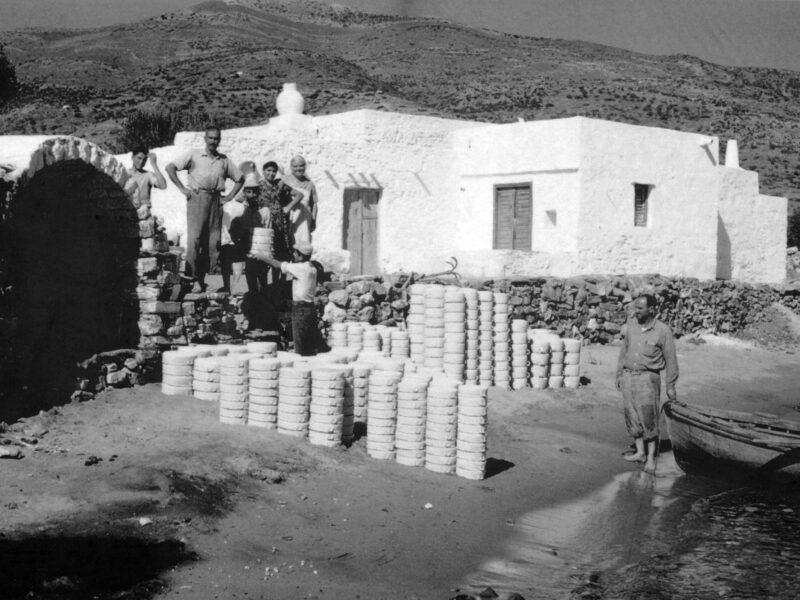 Cookware ready for loading in Platys Gialos, c. 1960.