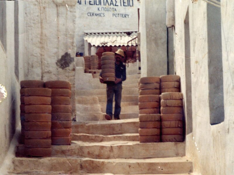 Kostas Podotas at his Kamares workshop, c. 1985. Podotas Pottery.